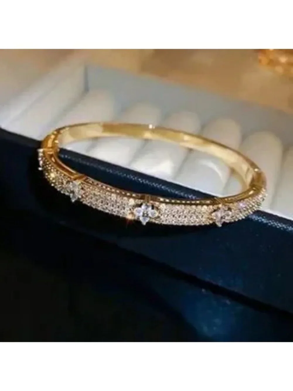 Gold Stainless Steel CZ Bangle Bracelet Sparkling Statement